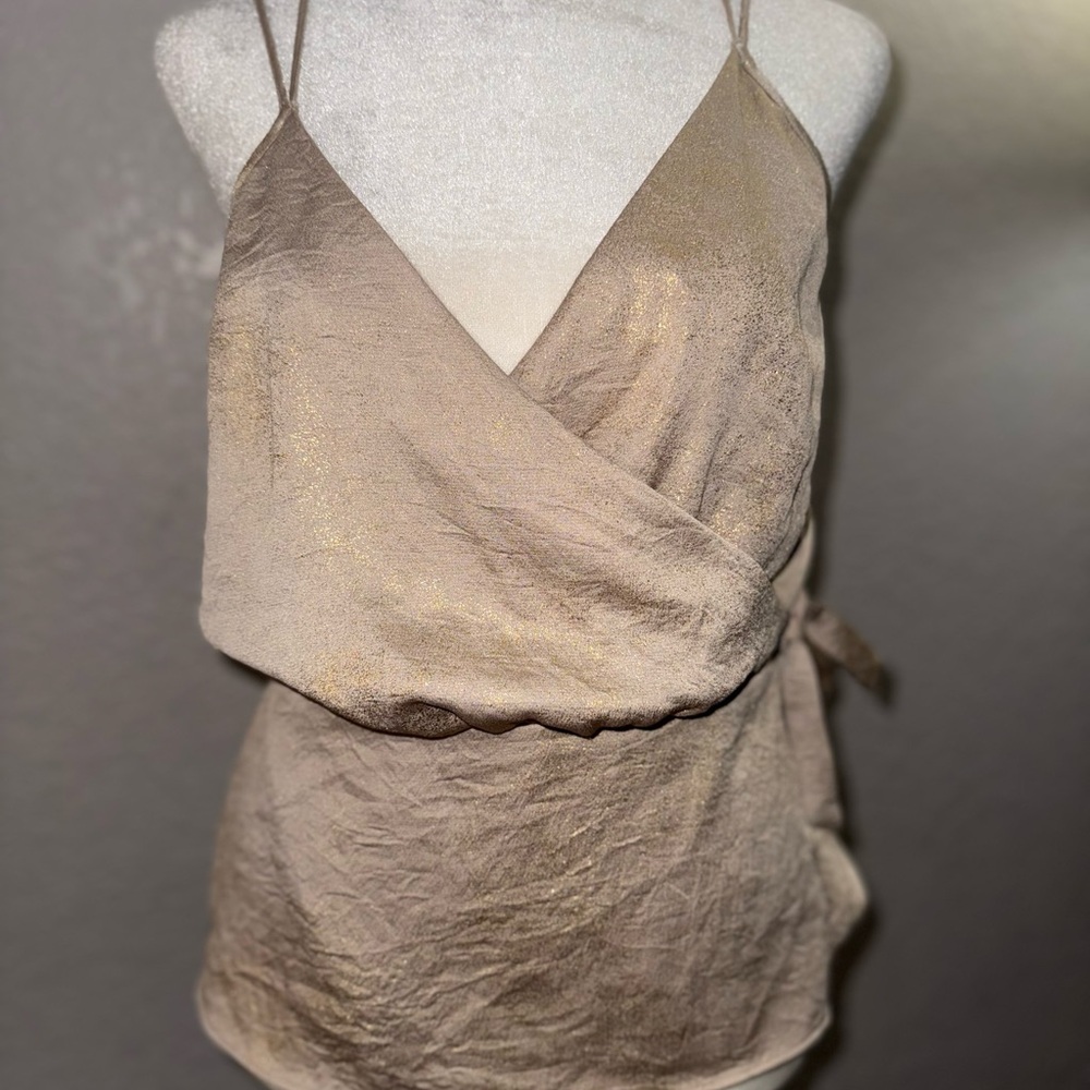 Express Elegant Beige and gold Wrap Top